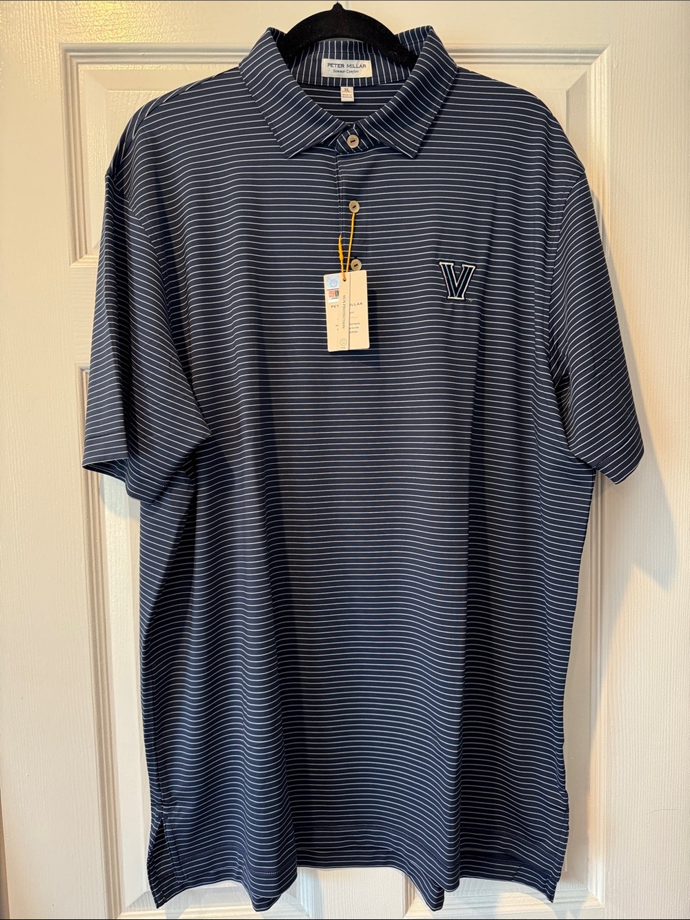 Peter Millar Villanova Navy and White Striped Hemlock Performance Jersey Polo